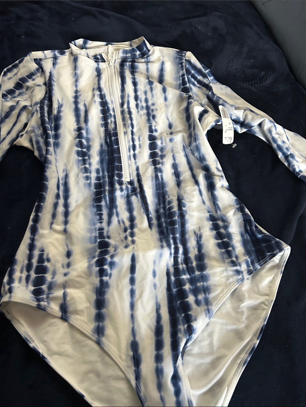 Forever 21 Blue and White Tie-Dye Long-Sleeve One-Piece Swimsuit